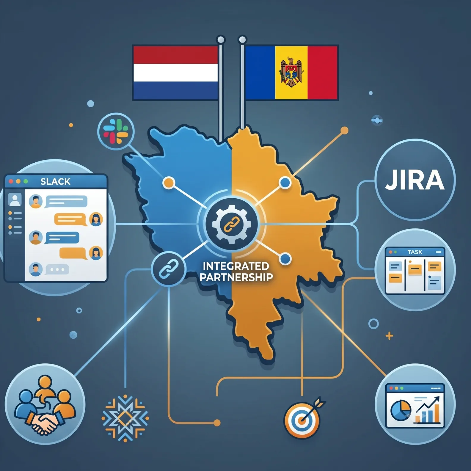 Een illustratie die de Nederlandse en Moldavische vlag verbindt met een kaart van Moldavië en icoontjes van samenwerkingstools zoals Slack en Jira.