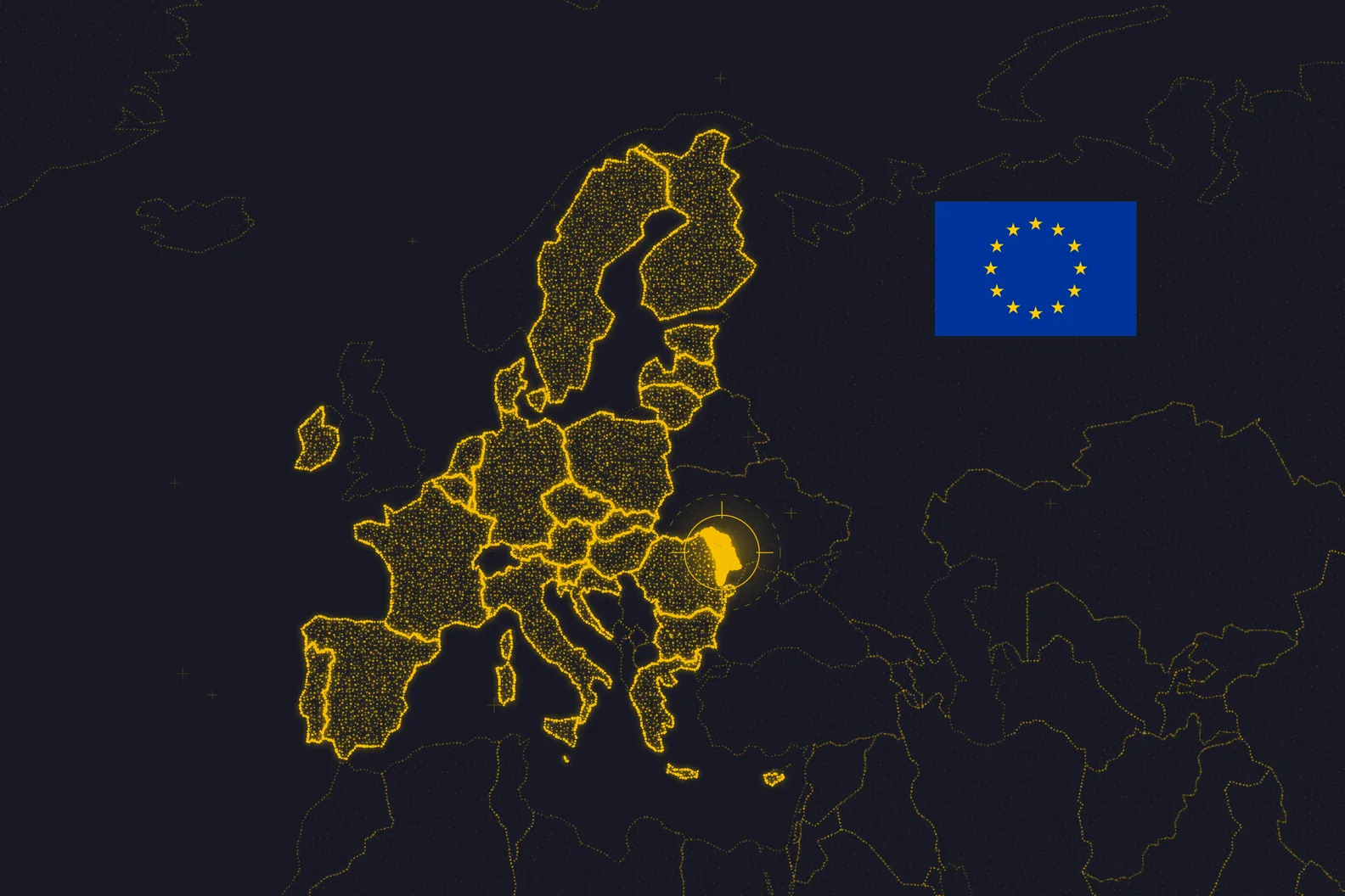 Kaart van Europa in gouden deeltjes op een donkere achtergrond. De 27 EU-lidstaten zijn dicht gevuld en helder, de overige landen staan als gedempte omtrek. Moldavië is als enige land op vol licht, met een gloed, een cirkel en een dradenkruis erover, net buiten het opgelichte EU-gebied. Rechts, in de bovenste helft, staat de vlag van de Europese Unie.