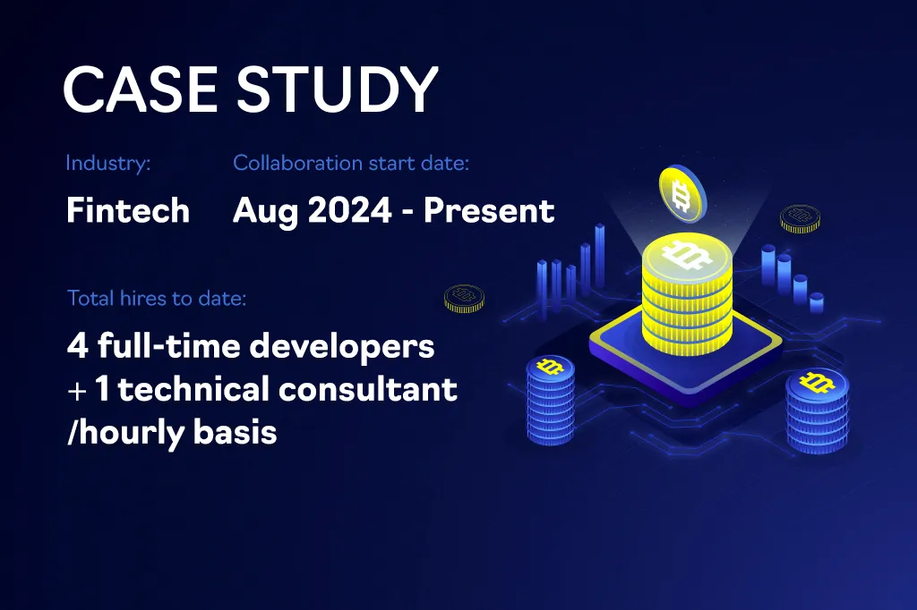 Case study-cover: branche fintech, samenwerking van augustus 2024 tot heden, tot nu toe vier fulltime developers en één technisch consultant op uurbasis.